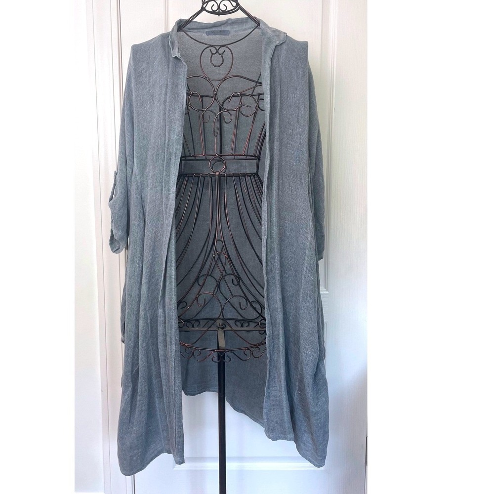 Meo Meli Italy 100% Linen Long Duster Cardigan Blue One Size Lagenlook Oversized